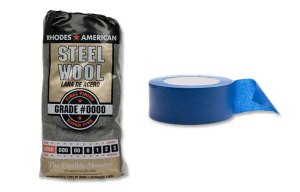 #0000 steel wool and blue painnters tape.